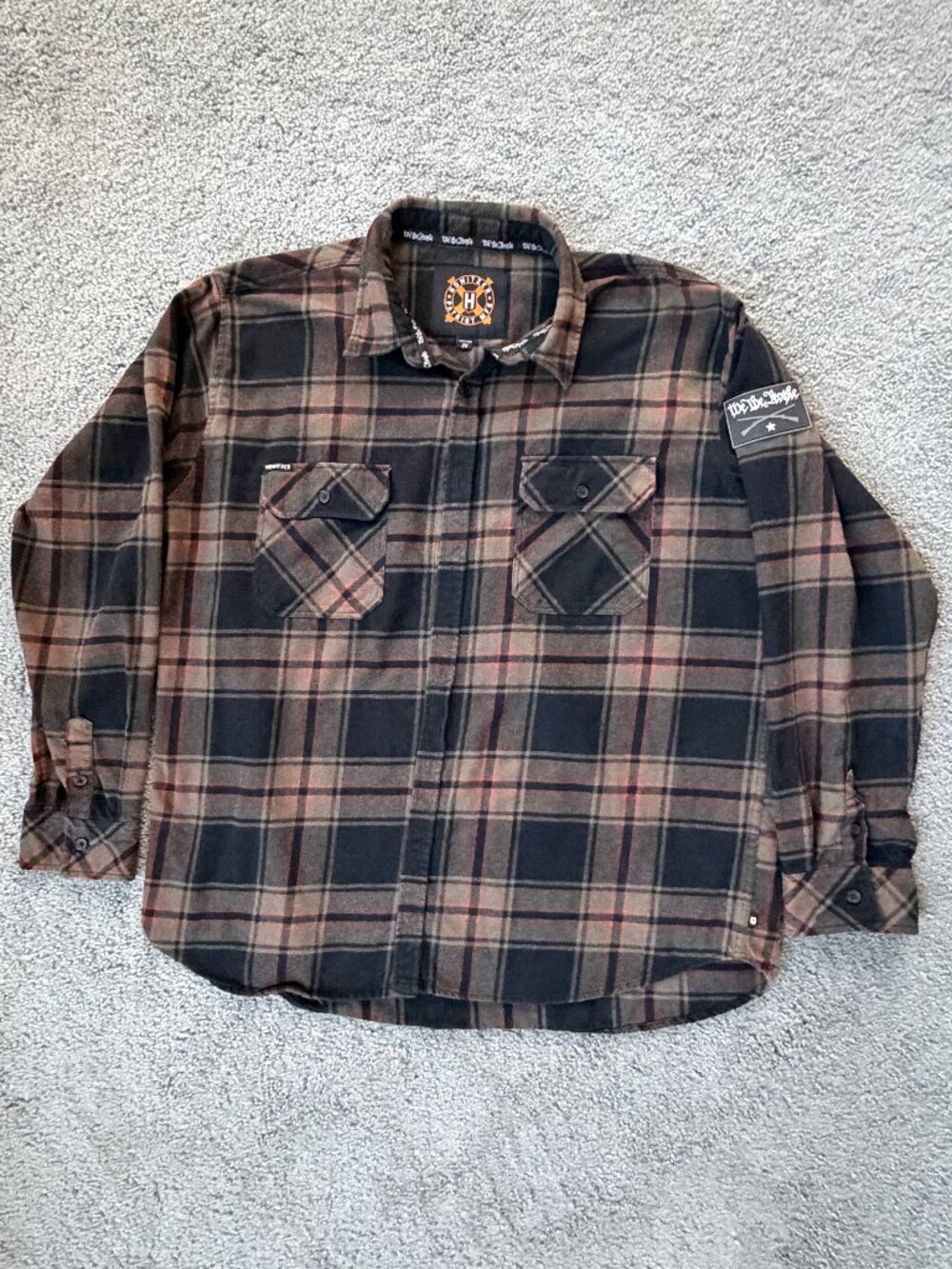 Howitzer Men's 2X Cavalry Flannel Shirt Brown Plaid "We The People" Patch EUC